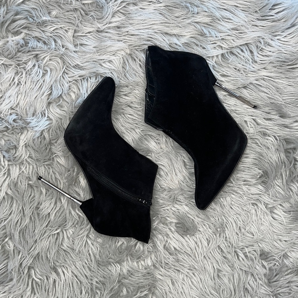 Stuart Weitzman Black Suede Metal Needle Heel Slit Front Ankle Boots Booties